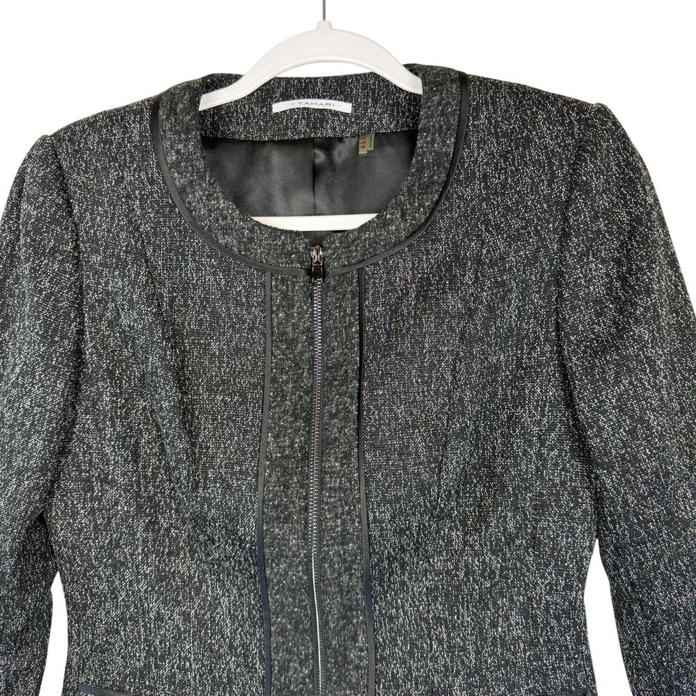 T Tahari Black White Speckle Tweed Zip Front Collarless Blazer Jacket Size US 6